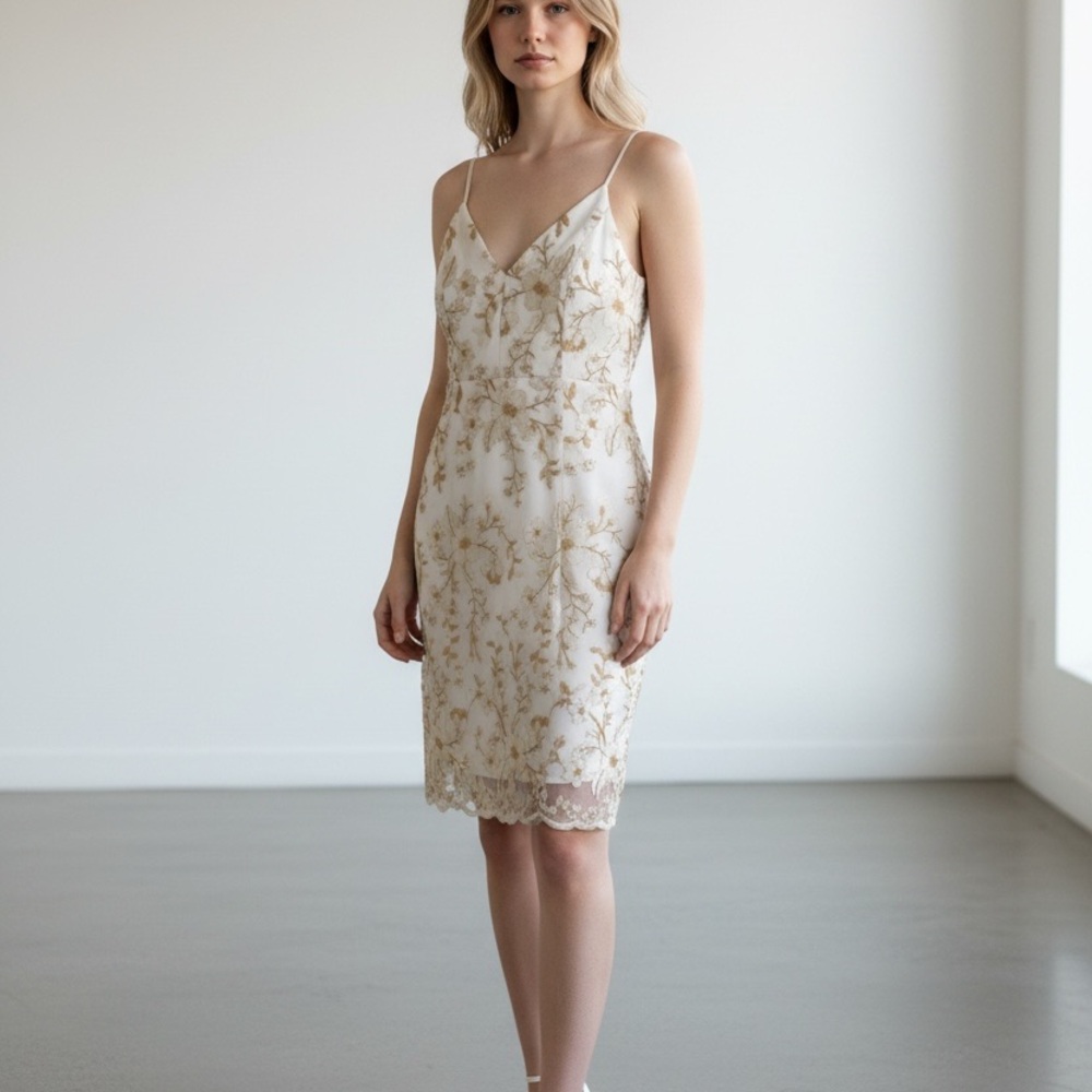 Lulus Ivory Slip Dress with Gold Floral Stitching